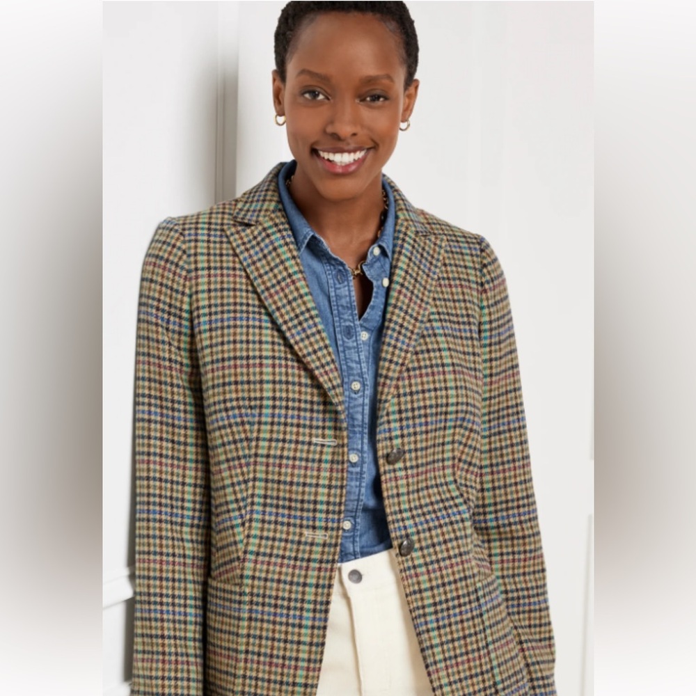 Talbots Plaid brown green Equestrian checked elbow patch Spring Blazer Sz 10